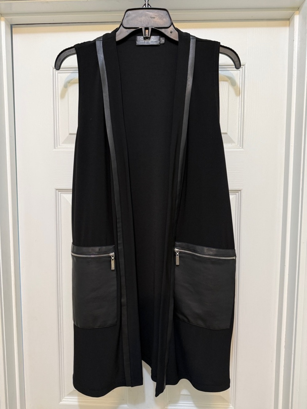 Sympli NWT Black Vest Faux Leather Trim Long Open Front Minimalist Size 6
